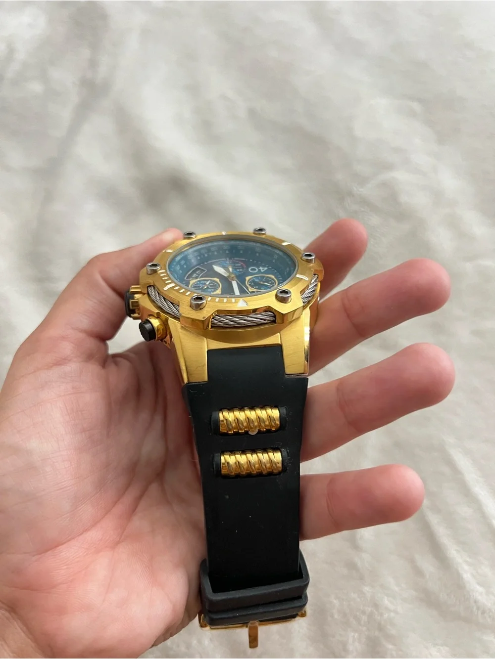 Gold-Tone Chronograph Men's Sport Watch with Black Rubber Strap (battery needed)
